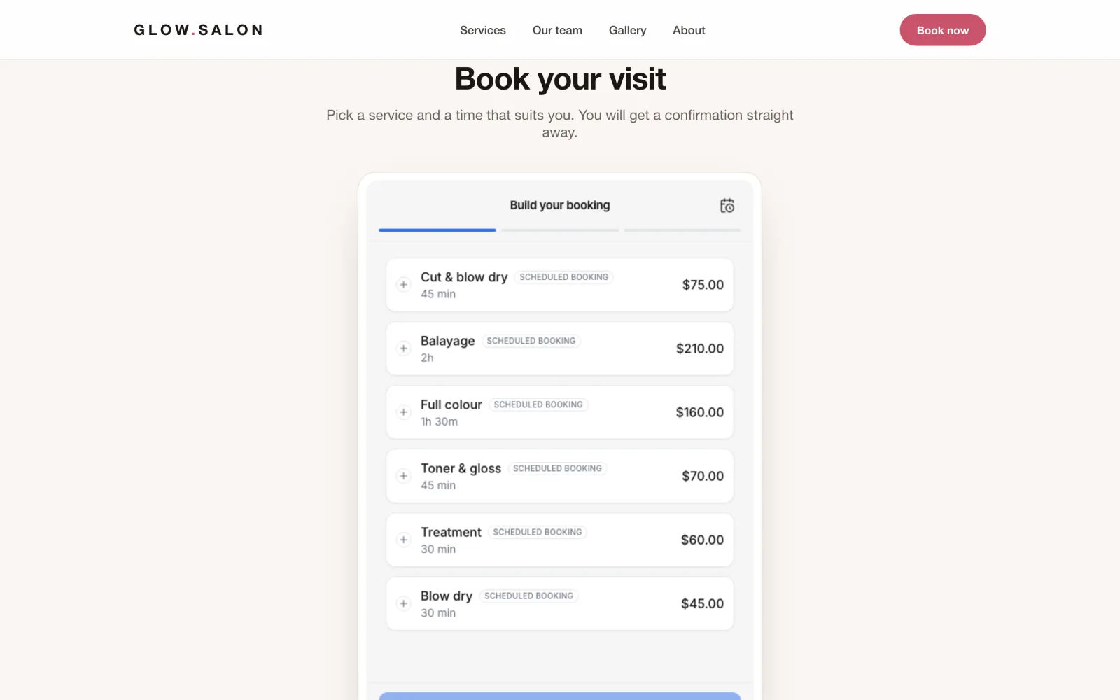 The booking form embedded in a live business website, rendering inline as part of the page.