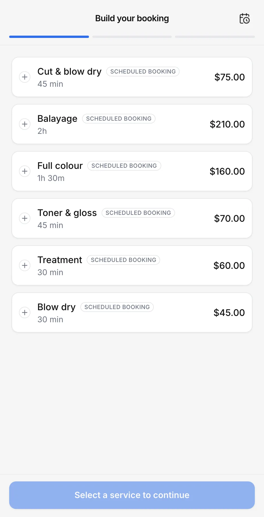 The booking flow on a phone, showing the service list a customer picks from first.